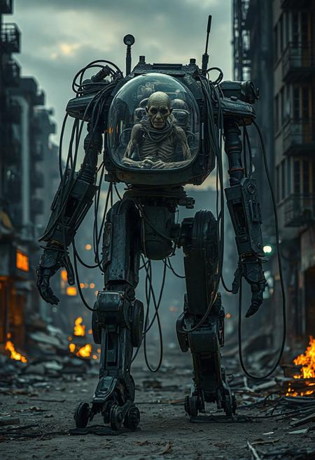 It is dawn. Various fires light up the area. an action filled movie shot of a tall walking mecha robot with a lot of dangling cables and visible machinery in a broken urban setting. The robot has a backpack with a glass dome. Inside the dome is the withered remains of an old human. The human is used to power the robot and is connected with cables. realistic, the robot is engaged in warfare, combat, sitting in a combat position with one knee up and one hand on the ground. 4k, futuristic, fallout-inspired, Retrofuturism, atomic-punk
