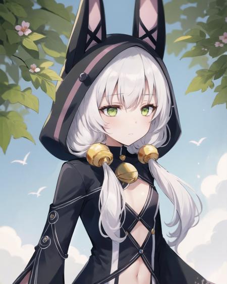 best quality, (masterpiece:1.2), illustration, absurdres, bright colors, vivid colors,
(1girl), (solo), (beautiful detailed girl), 
<lora:AltinaBlackRabbit-08:0.9>,  Altina Orion, white hair, long hair, twintails, sidelocks, tress ribbon, hair ornament, green eyes, flat chest,
hood, black bunny ears, black bodysuit, long sleeves, black boots,
apathetic, expressionless,
church garden, outside church, stained glass, flowers, bush, plants, trees, sky, clouds, day, fruits, berries standing (upper body, portrait),