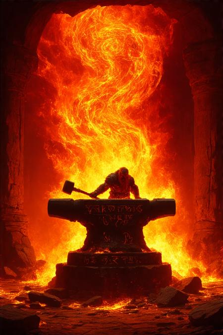 A grizzled dwarven blacksmith, veins ablaze in forge-light, pounds arcane runes into crimson-hot iron on a titanic obsidian anvil. Fisheye perspective from below, framing his sinewy form against swirling auroras bleeding through smoke-choked rafters. Frank Frazetta meets Art Nouveau: chiaroscuro flames lick jade-green patinaed tools, casting fractured shadows across glyph-carved stone. Palette of smoldering vermillion, molten gold, and void-black steel. Each hammer strike ignites cobalt runic sigils that writhe like living serpents, their light refracting through suspended ash. Air thick with ozone and elderwood resin—the forge breathes, an ancient heart binding metal to magic.