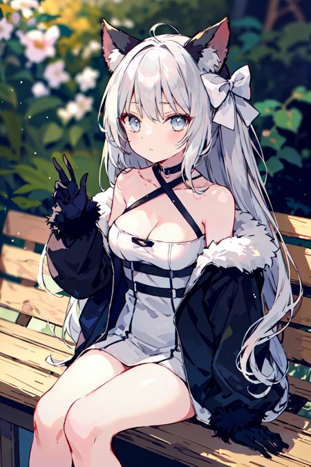 <lora:Onineko:0.8>1girl, solo, gloves, dress, black gloves, fur trim, long hair, grey eyes, jacket, animal ears, black dress, bangs, flower, sitting, off shoulder, halterneck, open jacket, long sleeves, looking at viewer, breasts, criss-cross halter, open clothes, bow, white jacket, hair bow, blurry foreground, blurry, closed mouth, white flower, depth of field, bare shoulders, fur-trimmed jacket, hand up