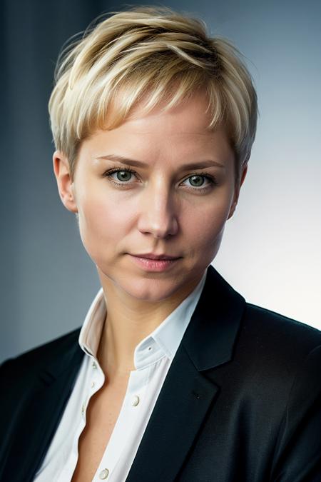 garinagrankova, woman, blonde hair, short hair, portrait, black business jacket, black background, soft light, formal,
highly detailed, realistic,
 <lora:MarinaGrankovaSD:0.9>