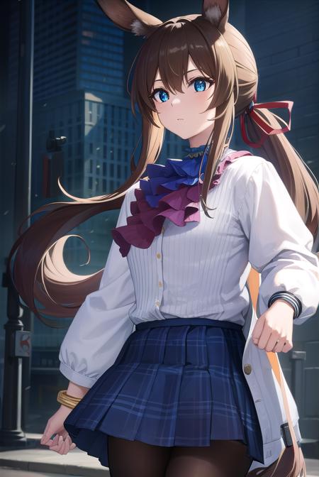 arknightsamiya, animal ears, blue eyes, brown hair, hair between eyes, ponytail, rabbit ears, rabbit girl, sidelocks, anklet, ascot, black jacket, blue ascot, blue collar, blue footwear, blue skirt, brown pantyhose, buttons, collar, jacket, jewelry, long sleeves, miniskirt, multicolored clothes, multicolored jacket, open clothes, open jacket, pantyhose, plaid, plaid skirt, pleated skirt, pocket, puffy long sleeves, puffy sleeves, red ribbon, ribbon, ring, shirt, skirt, striped, striped shirt, thighlet, two-tone jacket, vertical stripes, vertical-striped shirt, (white shirt:1.5),