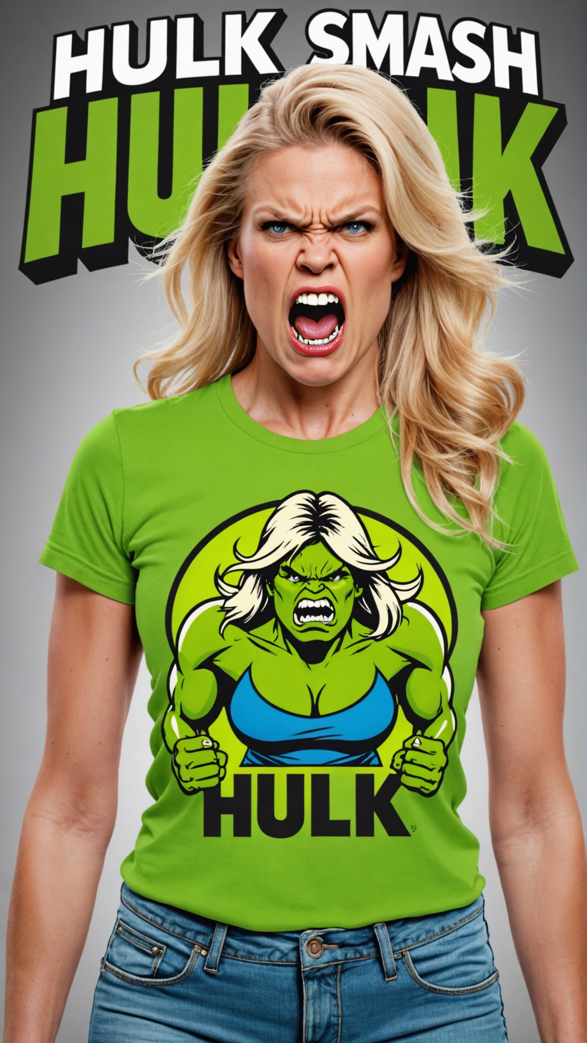 photograph of angry beautiful SUPERMODEL woman, "HULK SMASH MANIA" t-shirt logo, BLONDE hair, SEXY, turning into incredibl...