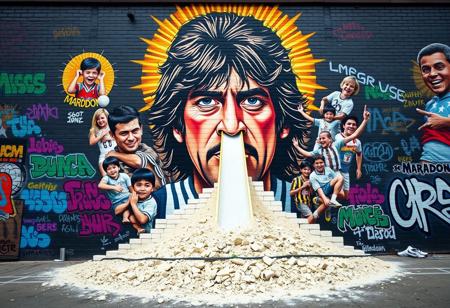 “A surreal and detailed mural of Diego Armando Maradona painted on a large urban brick wall, featuring multiple iconic moments of his career in a collage style. Maradona’s central figure is depicted with expressive eyes, his legendary long hair, and a radiant golden aura around his head symbolizing his legacy. From the nostrils of one prominent portrait, a 3D child slide emerges, winding down dramatically and covered in white powder, symbolically gathering in a pile on the floor. Around him, smaller depictions of his ‘Hand of God’ goal, his joyful celebrations, and a young Maradona playing in the streets of Buenos Aires are painted. The setting includes vivid graffiti tags and urban decay, creating a powerful mix of nostalgia and raw urban energy, with vibrant colors and symbolic contrasts highlighting his complex story.”