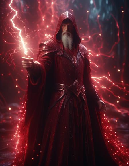 stablishing shot,powerful wizard,deep red and dark Color Scheme,cinematic, ethereal glow,lightning sparkles,fluid shapes,evocative,High Resolution