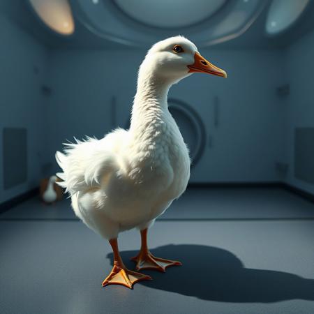 anatomically correct, (hyper realistic, ultra detailed), complex shadows, intricate details, white duck, animal focus, no humans, black eyes, fluffy, short, standing, wind tunnel, aerodynamics, aerodynamics of a duck, display screen, white duck is standing in a wind tunnel, white duck is unloving, air visibly moving around the white duck, side view, behind glass,