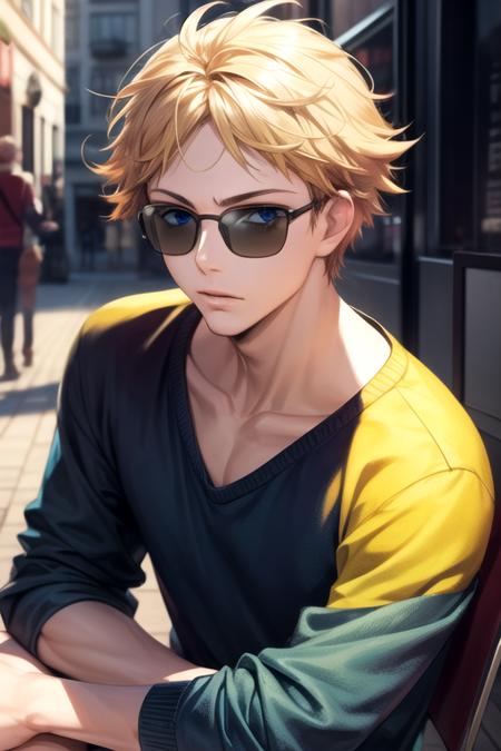 masterpiece, best quality, photorealistic, 1boy, solo, male focus, looking at viewer, , depth of field, , , <lora:birthday_hamatora:0.68>, birthday_hamatora, blonde hair, blue eyes, sunglasses, jumper, , , HD-DVD