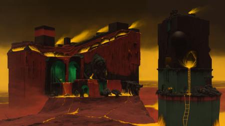 masterpiece, oil on canvas, (dark theme), evil:ancient:machine architecture theme, hell labyrinth theme, "The slums of hell", ((dark ((blood red fog) blocking out the sky))), [obsidian:golden] building ascending into the red dark sky, buildings constructed out of ancient steles, (((dark deep pools:pits of (boiling green and yellow acid) at the bottom))), alongside a steep endless descending obsidian wall, barren wasteland terrain, dead hellscape, intricate details, best quality <lora:Wayne_Barlowe_ArtStyle:1>