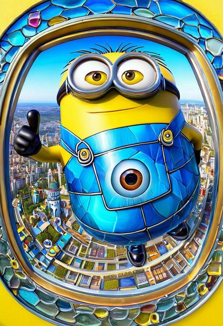 Stained glass illustration, ((novuschroma54 style)), Minion, Minion made of glass, Minion looking at viewer, selfie, arms out:2, smiling, MinionStyle, ultra-wide angle, 4mm fisheye, f1sh3y3,