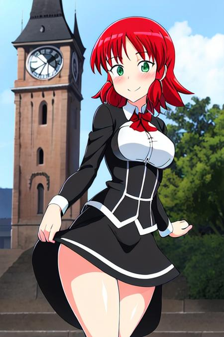 ruquia, red hair, short hair, hair tubes, green eyes, white shirt, black jacket, black skirt, medium breasts, smile, blush, looking at viewer, clock tower <lora:qmaruquia:0.6>