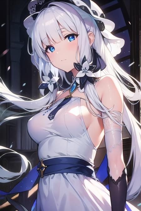 illustrious, <lyco:illustrious-LYCORIStest:1>, 
illustrious, blue eyes, hair ornament, hair ribbon, long hair, mole, mole under eye, white hair,
BREAK dress, elbow gloves, gloves, hat, ribbon, white dress, white gloves, white headwear,
BREAK looking at viewer,
BREAK outdoors,
BREAK <lora:GoodHands-vanilla:1>, (masterpiece:1.2), best quality, high resolution, unity 8k wallpaper, (illustration:0.8), (beautiful detailed eyes:1.6), extremely detailed face, perfect lighting, extremely detailed CG, (perfect hands, perfect anatomy),