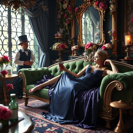 The flashy decoration, the luxurious interior of extravagance, the room full of decorative arts, flowers filling every space, a Fairy queen lying on the green chase lounge with a goblet, wearing a tight purple lace night gown, a leprechaun waiter standing in the corner, silk and satin clothing, two potion bottles and mushrooms on the ground, the focus is on the woman on the sofa, navy blue and gold tones,