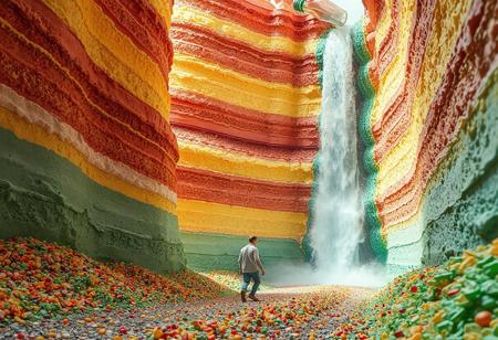 man walking at the bottom of the multi color cake valley. The valley is made from cake and melting cream. walking between towering, huge cake and huge topping cream. canyon of giant layered cake. bush of shiny candies. chip gravel spread along the path. A Bottle pouring a waterfall.