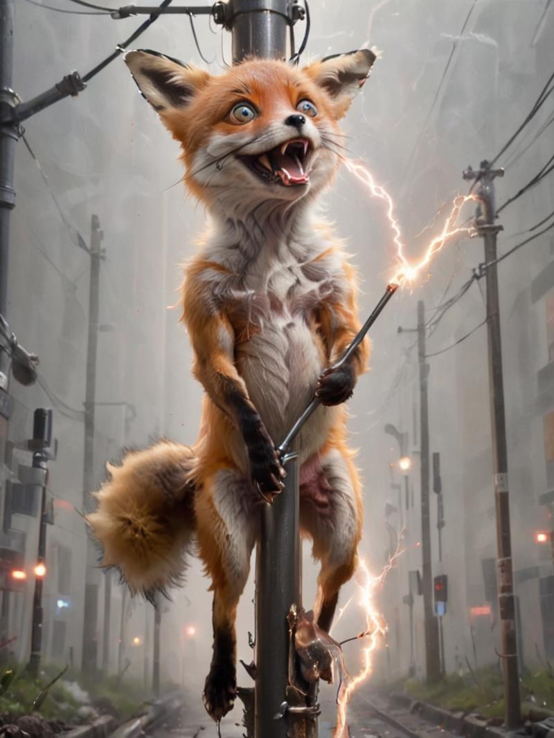 A cartoon fox with lightning bolts coming out of its mouth and holding a wand.