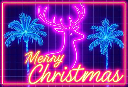 A retro-futuristic Christmas card frames a glowing neon reindeer outlined in bright pink and purple, evoking 80s nostalgia. Against a grid-patterned background, palm trees radiate soft blue neon light. The phrase 'Merry Christmas' bursts forth in vibrant yellow neon script, adding to the nostalgic charm of this futuristic holiday greeting.