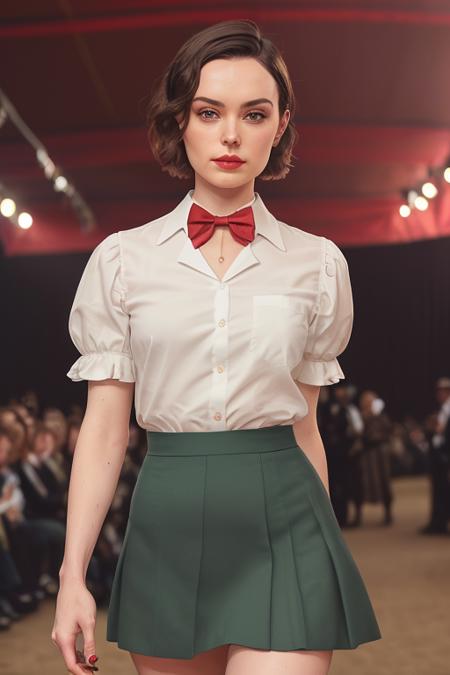 photo of daisyr-1836,a woman,((short hair, pixie cut):1.1), ((bowtie, shirt, skirt, thighhighs):1.1), ((cowboy shot, waist, hips, thighs):1.2), ((walking, outdoors, festival , carnival)),((red lipstick,eyeliner, eye shadow, blush)), ((best quality, masterpiece, extreme details, high resolution):1.2),((detailed eyes, beautiful eyes, detailed face, beautiful face):1.2)