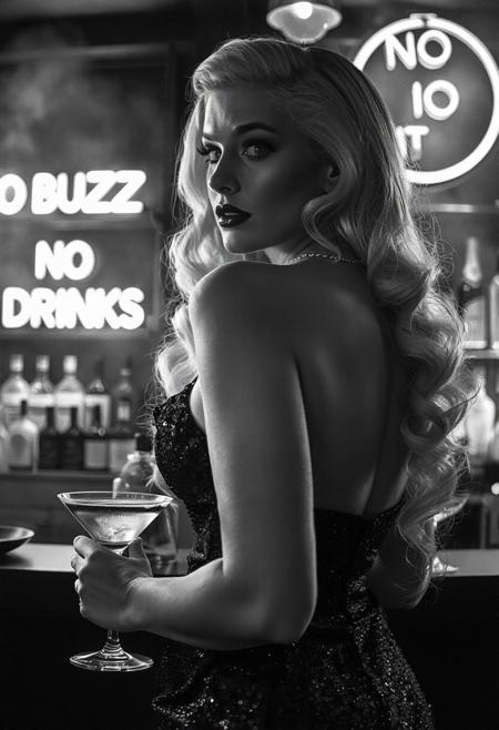 Film noir style, black & White, high contrast, greyscale:2.5, 1940s film noir detective movie, shot on film, film noir detective movie, cinematic, 
((best quality)), ((masterpiece)), (detailed), film noir butterfly lighting, 
Female, beautiful voluptuous woman, long platinum blonde hair in 1940s pinup style, full pouty lips, lips parted, busty, hourglass figure:0.7, slinky backless and sleeveless dress, super sexy sequin dress, from behind, looking to the side, standing at a bar in a cocktail lounge, Smokey background:0.6, neon Sign behind the bar says “NO BUZZ NO DRINKS”:1.5, highly detailed skin, looking at the viewer,  holding a martini glass, background of a bar, backlit bottles of upscale alcohol on shelves behind bar:0.6, no watermark signature, closed mouth, insanely detailed, ((masterpiece)), HDR, key visual, studio quality, highly detailed, close portrait,
beautiful, ultrafine, detailed, studio lighting . Monochrome, high contrast, dramatic shadows, 1940s style, mysterious, cinematic, film noir:0.9,