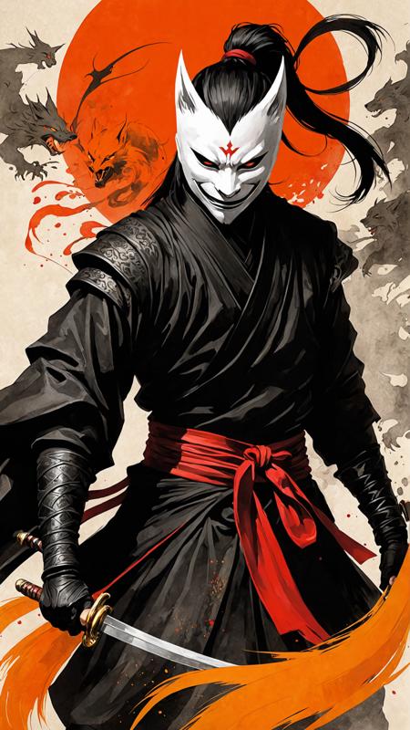 ink drawing by Anne Bachelier,bright colors theme,ninja fighting with kitsune,nosebleed,evil smile,male,with mask,<lora:more_details:1>,