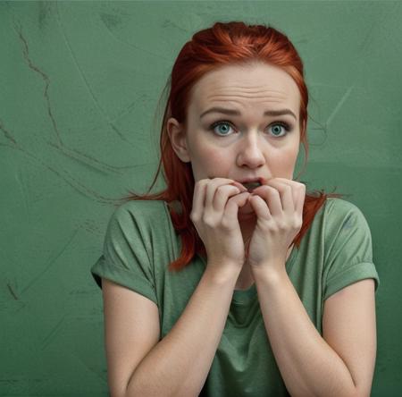 1girl, solo,  finger to mouth, open mouth,solo, 1girl, apple, fruit, food, shirt, green shirt, realistic, red hair, eating, holding fruit, upper body, holding food, white background, simple background<lora:Nailbit:0.7>