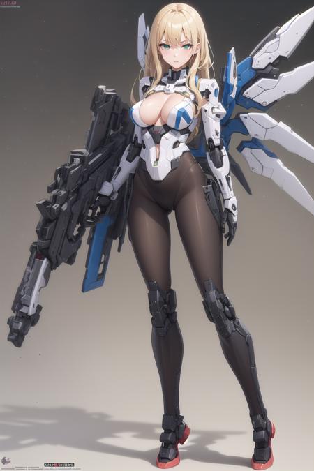 masterpiece, best quality, highres, full body, simple background, face focus,
1girl, long hair, blonde hair,  mecha musume,  pantyhose, green eyes, arm_blade, (no shoes), bursting breasts, mechanical wings, mechanical parts, beam cannon, 