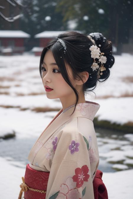 ultra-detailed,highly detailed,best quality,masterpiece,illustration,realistic,
1girl,  solo, upper body, 
kimono,japanese clothes,obi, sash, floral print, traditional media, obijime, 
hair ornament, hair flower, single hair bun, short hair, hair up,eyelashes, 
snow,snowing, flower, winter, wind,dark,snowstorm, 
painting \(medium\),
 <lora:kimono_v1_03:0.7>