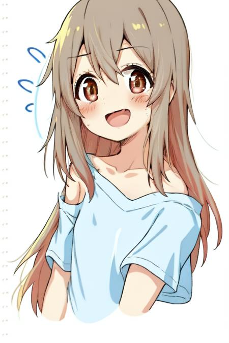 oyama mahiro,1girl, solo, long hair, shirt, white background, cropped legs, simple background, ahoge, flying sweatdrops, white shirt, smile, off shoulder, short sleeves, open mouth, hair between eyes, looking at viewer, bangs, brown eyes, collarbone, blush, :d, brown hair, small breasts, breasts, red eyes, masterpiece, best quality,