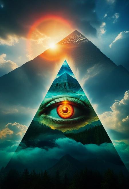 mountain, surreal,  double exposure, dark and moody ,colored all seeing eye pyramid, film grain, high quality, dramatic ,poster, horror story style, sun behind clouds