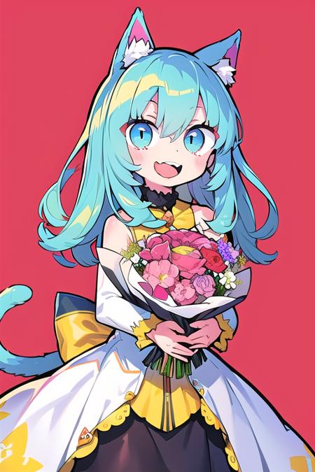 cat, pink ears, blue eyes, open mouth, standing, looking at viewer, holding a bouquet of flowers,loli_,white pantyhose