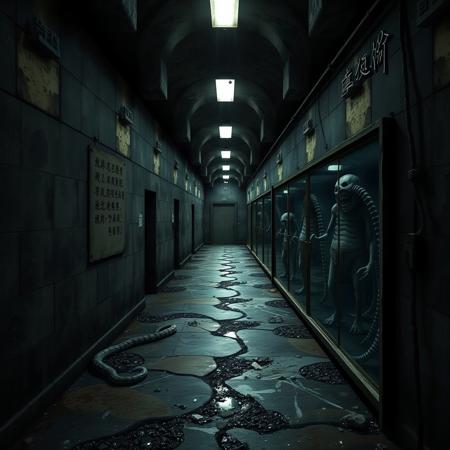 A dimly lit underground lair, the stone walls of Orochimaru’s domain are damp and covered in a layer of black mold. The air is thick, heavy with the scent of decay, stale blood, and something metallic, like rusted iron. The flickering overhead lights cast an eerie glow, distorting the dark, cold hallway ahead.
Along the walls, there are faded and cracked inscriptions in a dark, almost illegible script, marking the boundaries of forbidden experiments. Cold steel doors line the corridor, some slightly ajar, revealing dark rooms beyond—each filled with the chilling remnants of unspeakable acts. Large glass tanks, distorted by grime and condensation, hold grotesque, malformed humanoid creatures—skeletal, serpentine, with flesh that seems to bubble unnaturally, as if still struggling to exist. The creatures’ eyes, empty and soulless, gaze into nothingness.
The floors are slick with a combination of water and something darker, something that clings to the shoes like tar. You can’t quite tell if it’s just dirt, or if it’s blood that has long since soaked into the stone, staining it permanently.
At the far end of the corridor, a room opens into a massive, sterile lab, starkly lit by harsh fluorescent lights that make the white tiles gleam uncomfortably. Tables are cluttered with surgical instruments—some clean, some stained. Papers filled with incomprehensible jutsu are scattered about, half burned or left in disarray.