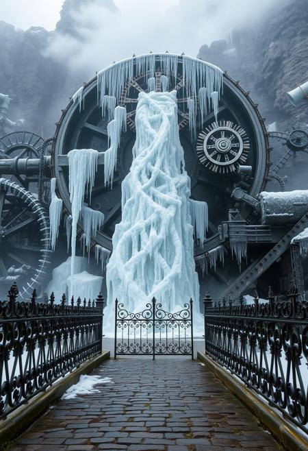 Image depicts a steampunk-style scene featuring a massive, intricate frozen watermill structure. The watermill is adorned with numerous gears, pipes, and clock-like elements, all rendered in a metallic, industrial aesthetic. Icicles cascade dramatically from the central wheel, creating a frozen waterfall effect. The structure is set against a rocky backdrop, with mist and steam adding to the atmospheric ambiance. In the foreground, a cobblestone path leads to the watermill, bordered by an ornate wrought-iron fence. The overall colour palette is dominated by muted blues, greys, and metallic tones, enhancing the vintage, mechanical theme of the scene.