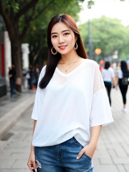 RAW photo, a beautiful yound woman wearing casual clothes on street, half body shot <lora:CC_v1.2:0.8>, (high detailed skin:1.2), 8k uhd, dslr, soft lighting, high quality