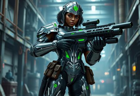Videogame unreal engine 4 render image of a tall large bodybuilding buff muscular sexy hot black female soldier from the year 2150, cool sexy futuristic military character design, she has short curly hair, green eyes, green lipstick, she is tall and large and has huge breasts and muscles, she is wearing full body chrome military armor that's inspired by gladiators from Rome, including a roman gladiator helmet with a green transparent eye visor, the armor is chrome eith green LED embedded in it, her chrome armor is showing signs of damage and degradation, bullet marks, scratches amd grime, she is also wearing brown military and ammo pouches on her legs and belt, she is standing in a factory, carrying a large Two-Handed gatling gun powerful enough to rip a hole into reinforced concrete walls, industrial lighting, epic pose.