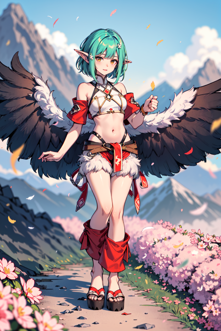 1girl, (harpy:1.4), slim, (harpy wings:1.4), (ragged clothes:1.2), tribal clothing, (clouds), (two-tone hair), (bobcut), solo focus, (depth of field, ambient lighting, blurry foreground, blurry background:1.3), (mountain peak:1.3), sakura flowers, grass, stones, (full body:1.2), pointed ears, pose, (confetti:1.2), (feathers:1.3), colored wings,