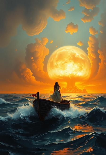 (((Oil painting masterpiece in Aivazovsky style))), ((girl)) , ocean, boat, nuclear blast, total apocalypse, hyper atmospheric, epic