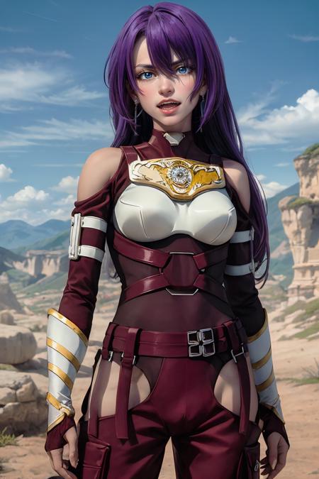 masterpiece, best quality, highres, arthur pencilgon, purple hair, long hair, blue eyes, earrings, jewelry, hair between eyes, bangs, breastplate, bare shoulders, clothing cutout, leotard, hip vent, gloves, red pants, fingerless gloves, armor, cowboy shot, looking at viewer, outdoors, day, sunlight, blue sky, open mouth, evil smile