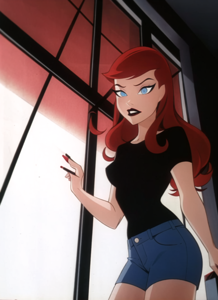 batman adventures, parody, 1girl, solo, red hair, long hair, window, black shirt, lipstick, blue eyes, makeup, shirt, short sleeves, black lips, breasts, red sky, ((masterpiece)) <lora:batman_adventures_offset:0.9>