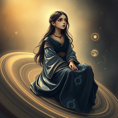 A wise and elegant girl embodying the disciplined, mysterious, and timeless energy of Saturn, sitting gracefully on the rings of Saturn, gazing at the vast cosmos. Her deep, contemplative eyes reflect wisdom and resilience, as if she holds the secrets of the universe. She wears a regal, flowing dark-blue and silver robe, symbolizing knowledge and structure. The atmosphere around her is ethereal, filled with floating cosmic dust and a subtle golden glow. The rings of Saturn shimmer under the celestial light, emphasizing her connection to destiny, time, and cosmic order. She exudes an aura of authority, patience, and profound insight, embodying the essence of Saturnian wisdom."