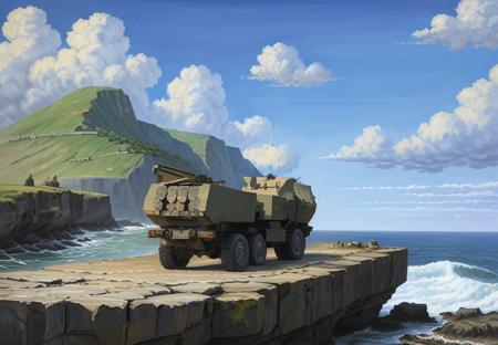 detailed painting of a HIMARS parked on a rocky ocean cliff, photorealism <lora:himars16-v1-step125:1>