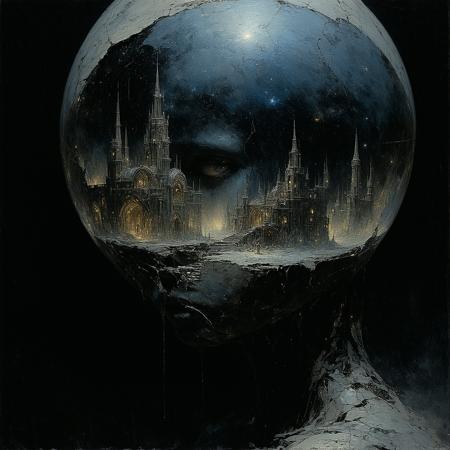 Painterly dark fantasy illustration, style of Brom and Zdzisław Beksiński. Medium close-up: A figure fused from cracked porcelain doll fragments and rusted clockwork gears, hunched posture, gazes intently into a shimmering obsidian orb glowing with internal nebula-like light. Within the orb, a sharp, miniature vision: a sprawling cityscape meticulously constructed from iridescent, shifting beetle wings. Dramatic moonlight casts stark highlights on cracked porcelain and corroded metal, contrasting deep abyssal shadows. Visible, textured brushstrokes. Swirling chromatic dust motes obscure the background. Atmosphere of detached fascination, impossible construction, dreamlike logic.