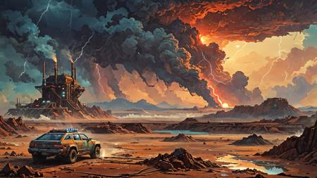 Watercolor painting , Retro futuristic image, alien landscape as a cold desert with rusty iron in its ground, rocky landscape with canyons, volcanoes  and dry lake beds, dust storms, (with a futuristic power plant in the background:1.2), in the evening, lightning storm <lora:Futuristic_Retro_Vibes:0.5>, epic clouds. . Vibrant, beautiful, painterly, detailed, textural, artistic