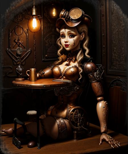 wjqautom doll, inside a steampunk dining room, <lora:wjqautom-13:1>