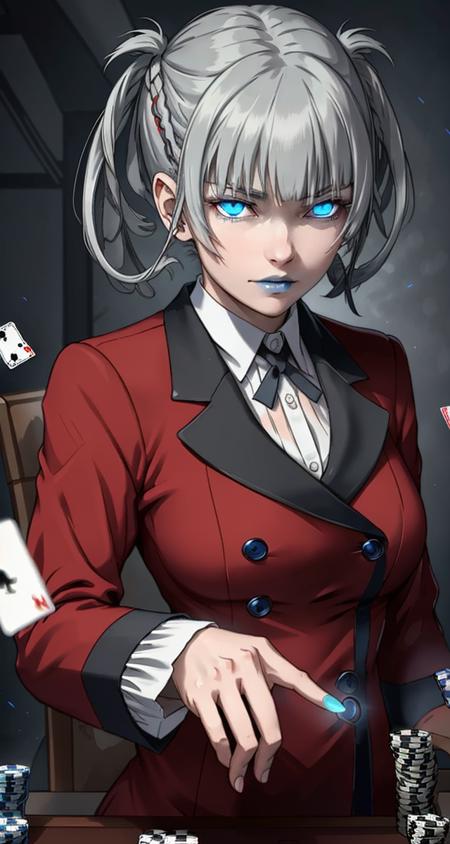 <lora:VRAMs3DMomobami640:0.5> , 1girl, xyzmomobami,  intense glare, hair rings, grey hair, masterpiece, beautiful, portrait, closeup, blue lips, red coat, double breasted coat, school_uniform, medium breasts, glowing eyes, poker, cards