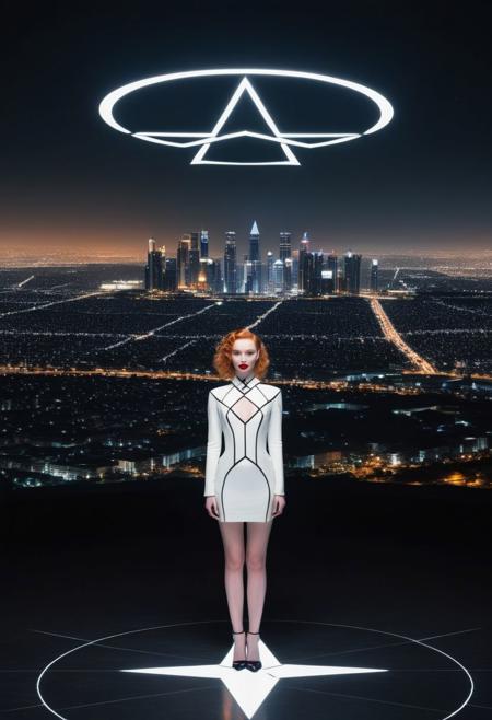 In center of the picture a black circle in bold lines intersected by a thick pentagram held up in hands, five pointed star, symmetrical,
In the background: ((An enormous city sprawl with a city skyline reaching for the stars,
Aleph Tower, centre for the AI that rules the Human civilization, in a glittering city of glass and shining metal,
   bright sunlight under a pitch black sky.
twice five miles of urban sprawl,
in the front a mysterious woman, slick suit, white top with thin shoulder straps, reminiscent of old pin up models,( full body portrait:1.5), petite body, secretive face, long ginger hair, flowing curls, pale skin, blushing, Freckles, red lipstick, slight smile, red shawl, proud)),  
Photographer Reuben Wu Style