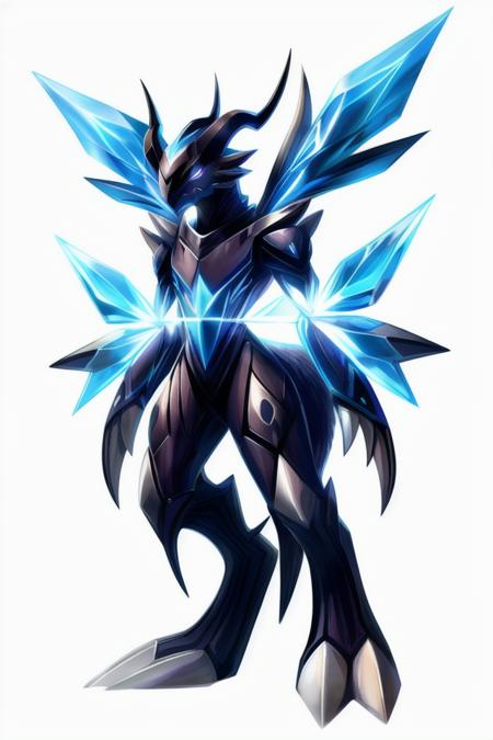 Solo, symmetry, Digimon, digimon \(species\), x-digimon, outline, white background, <lora:DigimonLoraV1:1> (Medium Otherworldly Crystalline Spacious Mollusk,  Digitigrade Appendages, Single-Tailed Forked-Tailed, Luminescent Skin, Webbed Ears,  Branched Horns  Jet Black)