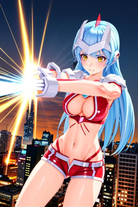 ultraLJenny, ultrabeam, ultrabeam pose, glowing, laser, weapon, yellow eyes,navel,blue long hair,cleavage,white gloves,large breasts,clothing cutout,midriff,cleavage cutout,red panties,red shorts,short shorts