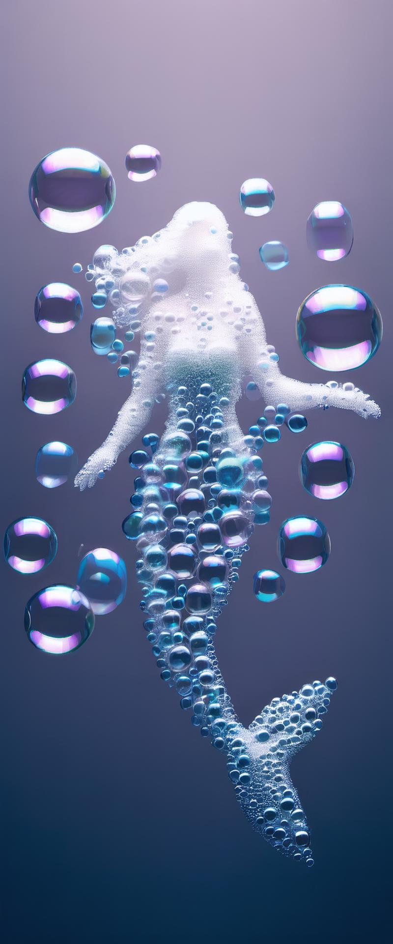 Woman in a blue dress surrounded by bubbles and reflections.