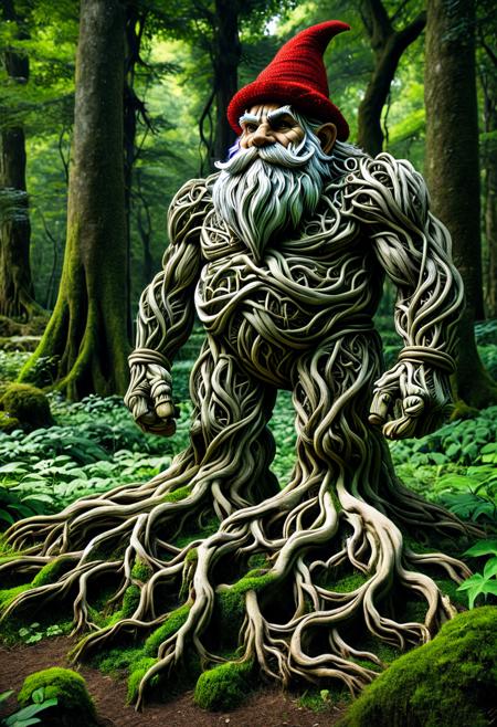 score_9,score_8_up,score_7_up, PG-TR, The image depicts a towering, muscular golem, seemingly composed of twisting roots, vines, and moss, standing majestically amidst a lush, verdant forest. Its form is robust and imposing, with broad shoulders and powerful limbs, intricately detailed with organic textures. In the lower right corner of the frame, a small gnome, similar in appearance to the one in the sunflower field image, would be positioned. This gnome, with its distinctive pointed red hat and long white beard, would be looking upwards, seemingly in awe or contemplation, towards the colossal golem. The contrast in size between the diminutive gnome and the enormous golem would be striking, emphasizing the grandeur of the forest guardian. The surrounding environment would be bathed in natural light, filtering through the dense canopy, creating a mystical and fantastical atmosphere.<lora:Treeroots_0_90_multi2_Handprocessed_V2:1>