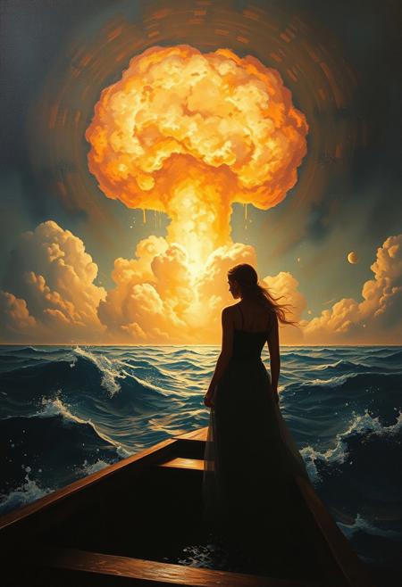 (((Oil painting masterpiece in Ayvazovsky style))) 
oil painting masterpiece, ((girl)) , ocean, boat, darkness, fireball in the sky, super wind blows, (a huge all-consuming atomic explosion in the background from the horizon and extending beyond the edge of the picture into space:0.9)