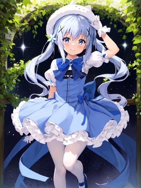 Magical Girl Chino twintails, white headwear, x hair ornament, bowtie, blue footwear, blue ribbon wand, holding spoon, oversized object, tippy_\(gochiusa\)