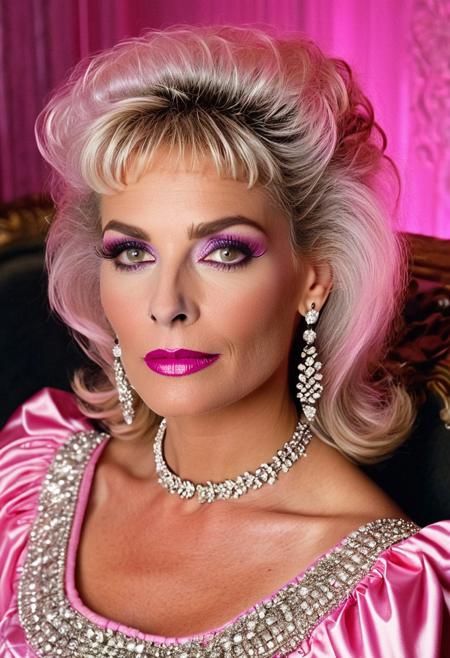 1boy,
A highly detailed best quality photography from the (year 1986:1.5) shows Debra, a slim (mature) American femboy in a contemporary bar room. He leans lasciviously on a stylish chaise longue, half sitting, half lying down and looks at the viewer with a demeaning and arrogant smile on his face. 
The androgynous face of the Sissy with (narrow-set) wide open light grey eyes, (big (crucked nose:1.5)), (wide lower jaw) and an (underbite) is (odd) but tells the interesting story of a live. The aged skin is wrinkled and shows agespots.  The intricate wavy long white hair with (pink highlights) is elaborated. A heavy collar choker adornes the neck. He wears precious jewelry, Creole earrings and bangle bracelets. The stunning and extravagant (1980s style evening dress:1.5) results no cleavage because of a (flat chest:1.5). The 1980s style decadent and modern furnished room is painted in changing purple and silver colors. Futuristic wall lights create an intimate, subtle lighting atmosphere.